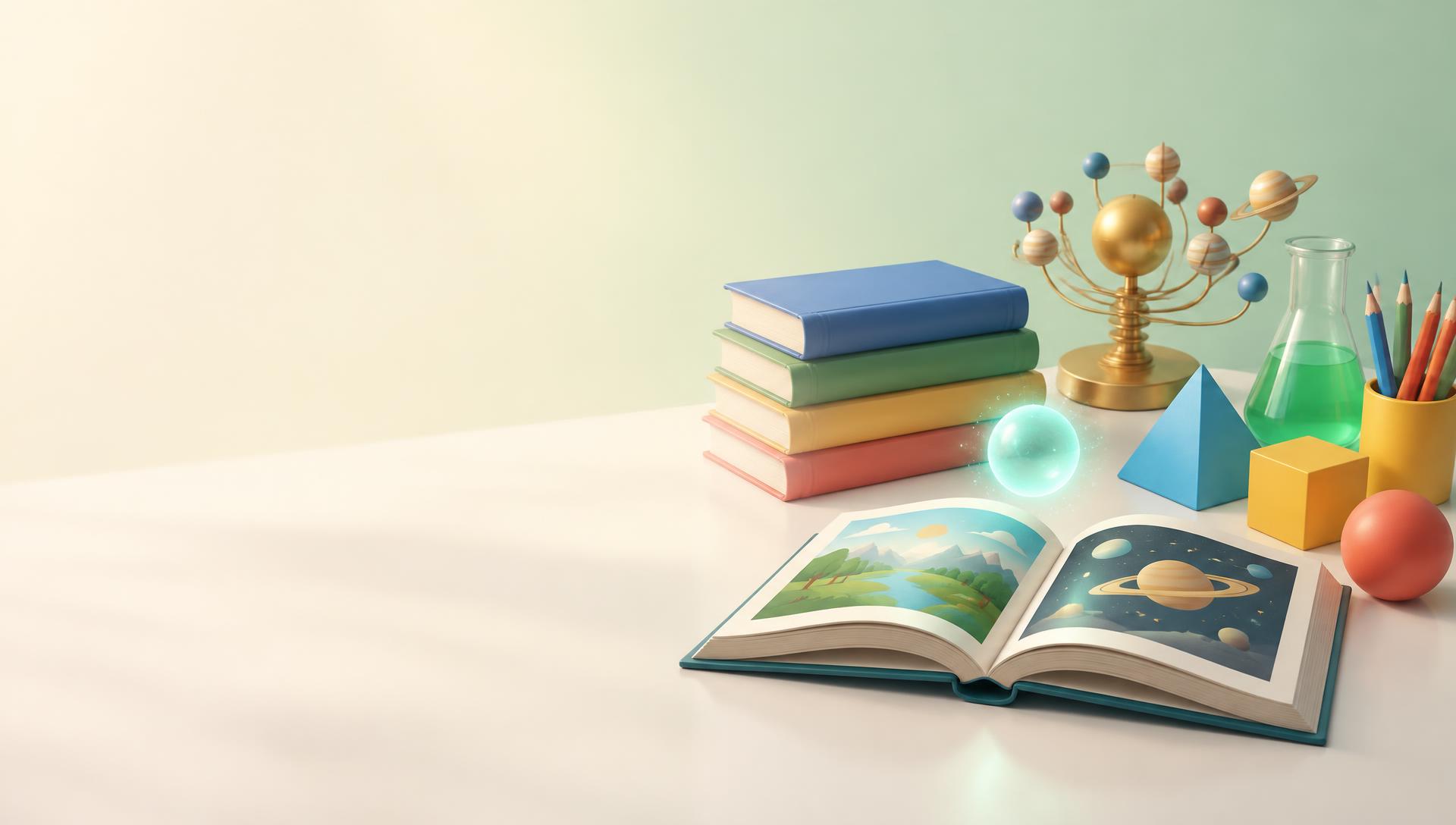 A study desk with books, colorful geometric models, a flask, a small orrery, and a softly glowing AI orb